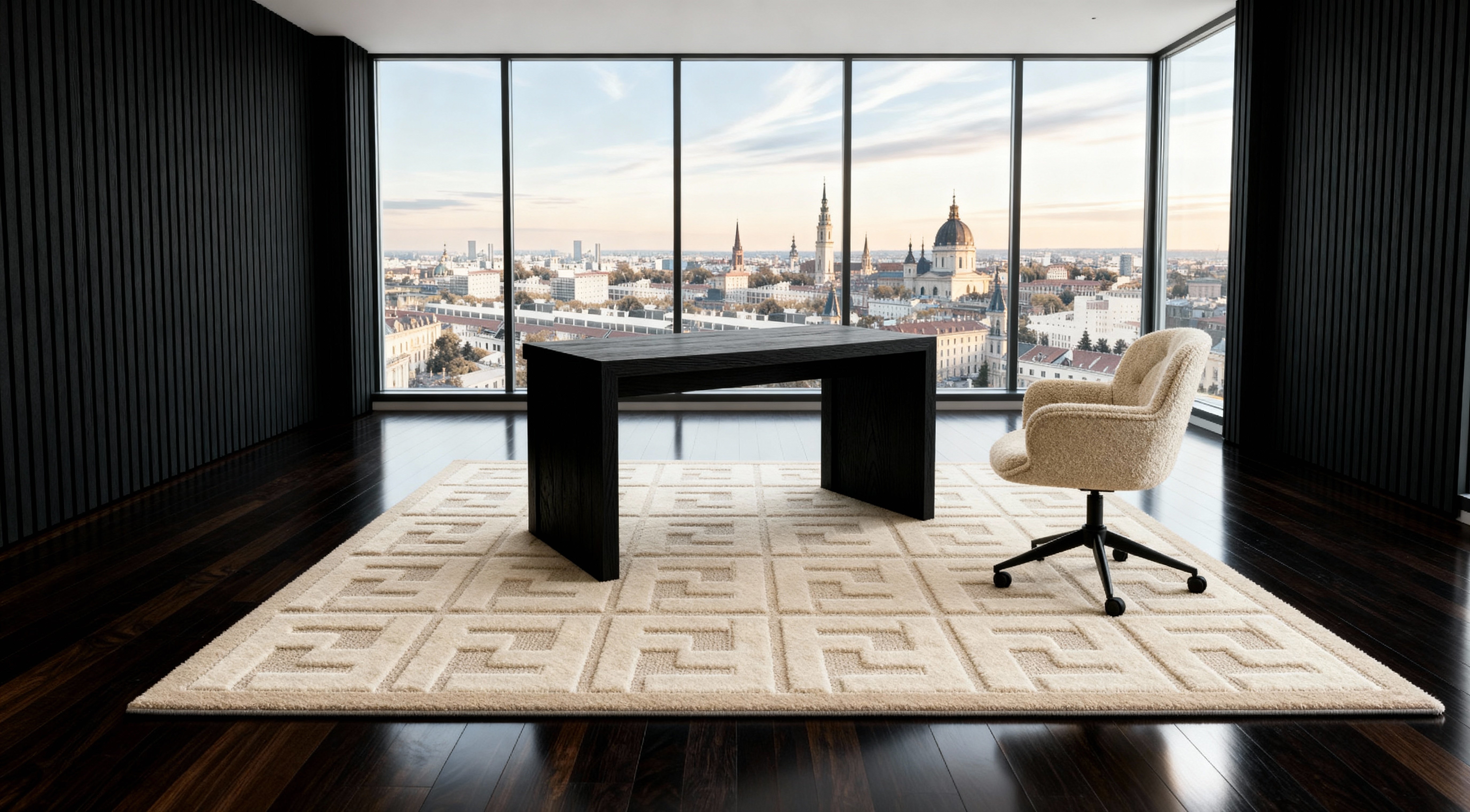 Estetiskt arbetsrum i mjuka toner med ljudabsorberande väggpaneler.